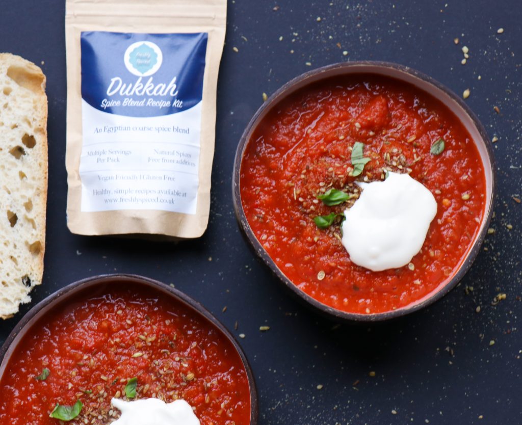 Roasted pepper & tomato soup with Dukkah