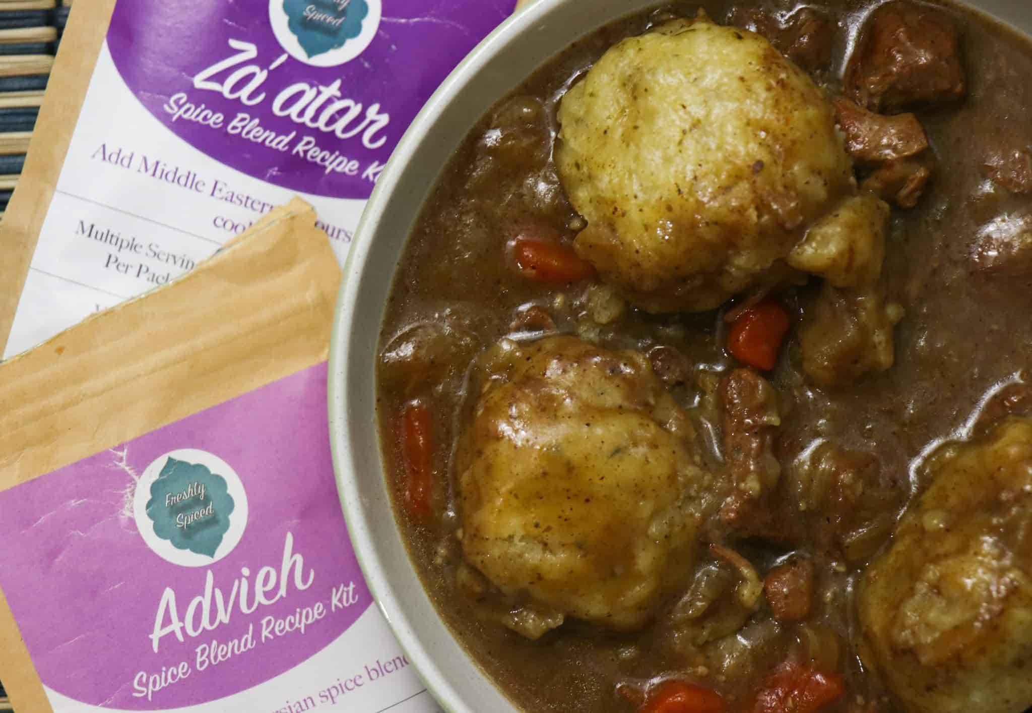 Middle Eastern Slow Cooked Lamb Stew with Dumplings (Advieh and Za’atar Spice Blends)
